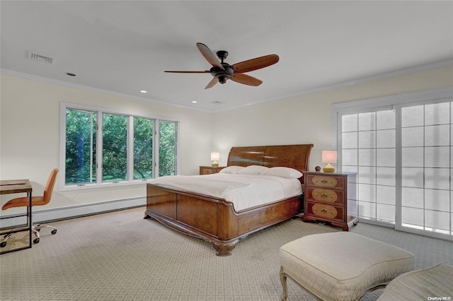 carpeted bedroom with visible vents, a ceiling fan, a baseboard radiator, crown molding, and recessed lighting