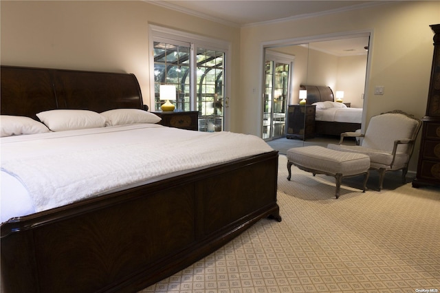 bedroom featuring ornamental molding, access to outside, and a closet