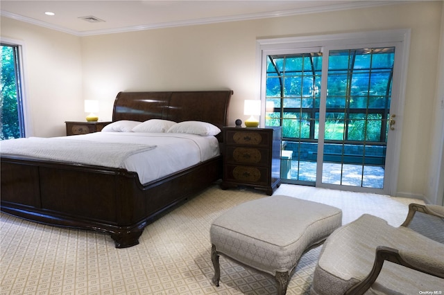 bedroom with access to exterior, multiple windows, visible vents, and ornamental molding