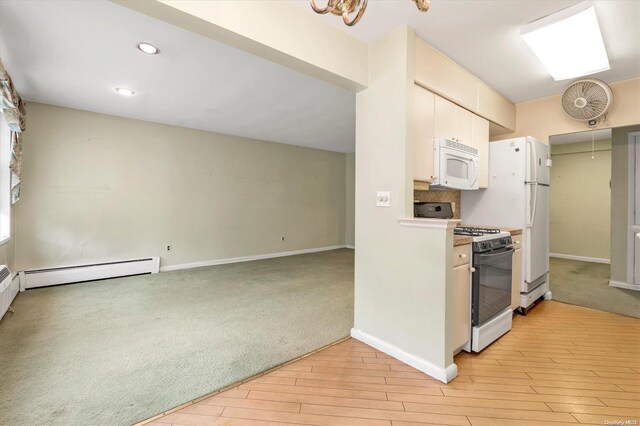 kitchen featuring white cabinetry, light wood-type flooring, white appliances, and a baseboard heating unit