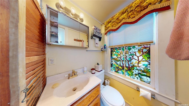 bathroom featuring toilet, vanity, wood walls, and ornamental molding