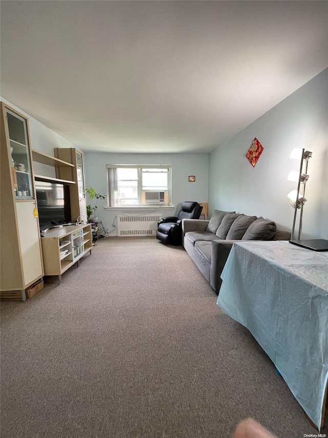 carpeted living room with radiator