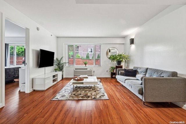 living room with hardwood / wood-style flooring, plenty of natural light, and an AC wall unit