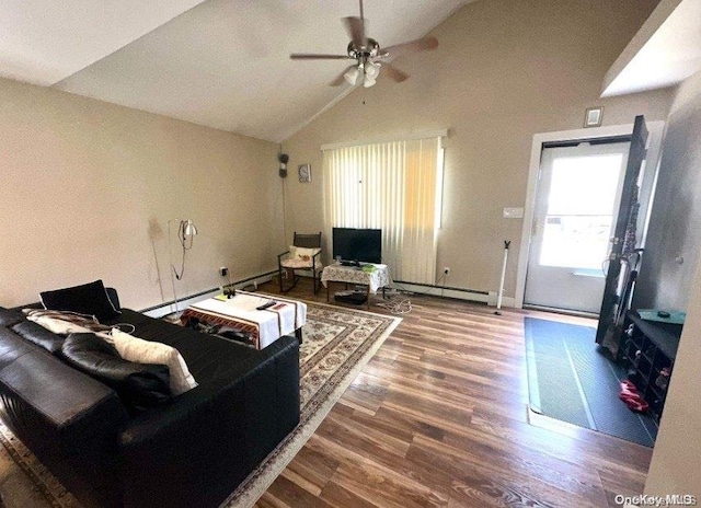 living room featuring baseboard heating, ceiling fan, high vaulted ceiling, and hardwood / wood-style flooring