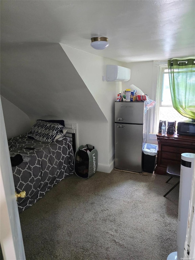 carpeted bedroom featuring stainless steel fridge, a wall mounted AC, and lofted ceiling