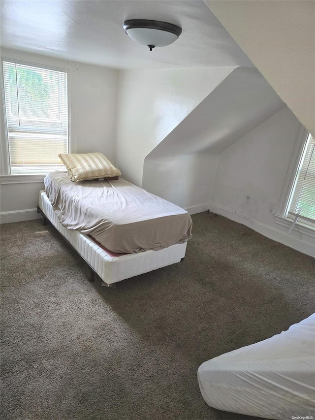 carpeted bedroom featuring vaulted ceiling and pool table