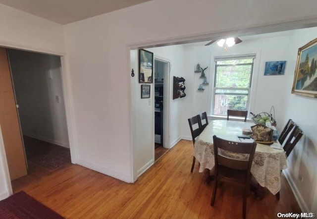 dining space with ceiling fan and light hardwood / wood-style floors