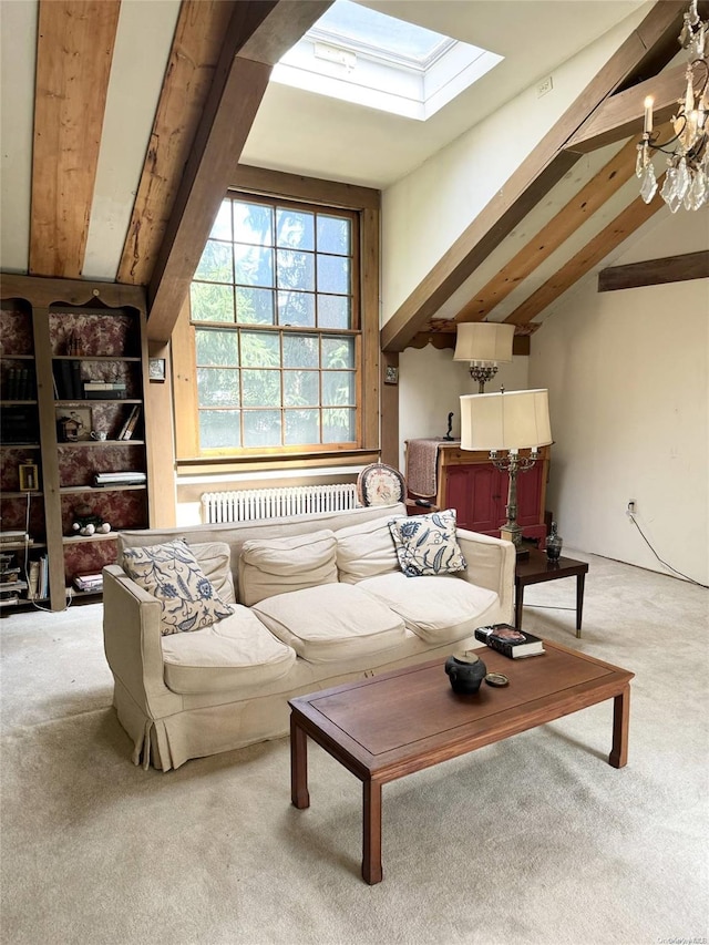 carpeted living room featuring lofted ceiling with skylight and radiator heating unit