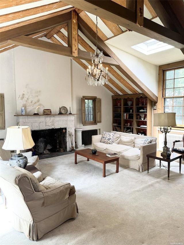 carpeted living room featuring beam ceiling, radiator, a premium fireplace, high vaulted ceiling, and a chandelier