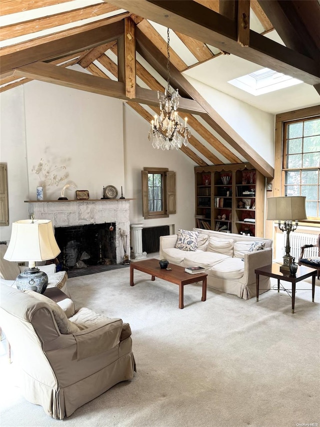 329 Forest Rd, Little Neck, NY 11363 - carpeted living area featuring beamed ceiling, a chandelier, a stone fireplace, a skylight, and radiator