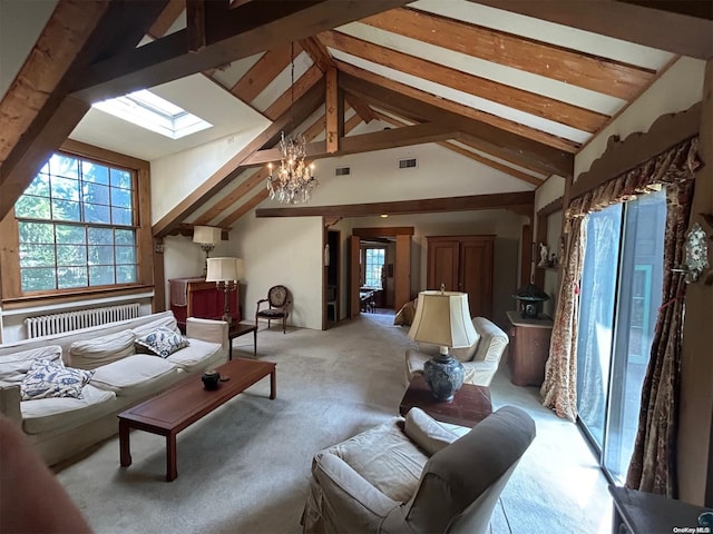 living room featuring beam ceiling, radiator, a skylight, a chandelier, and light colored carpet