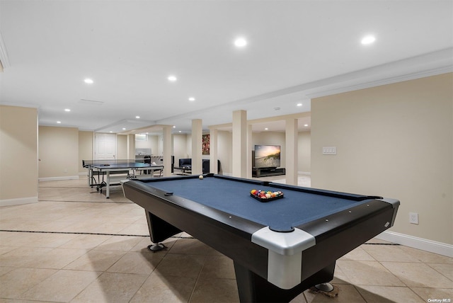 recreation room featuring light tile patterned flooring, crown molding, and billiards