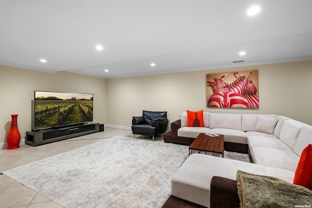 tiled living room with ornamental molding