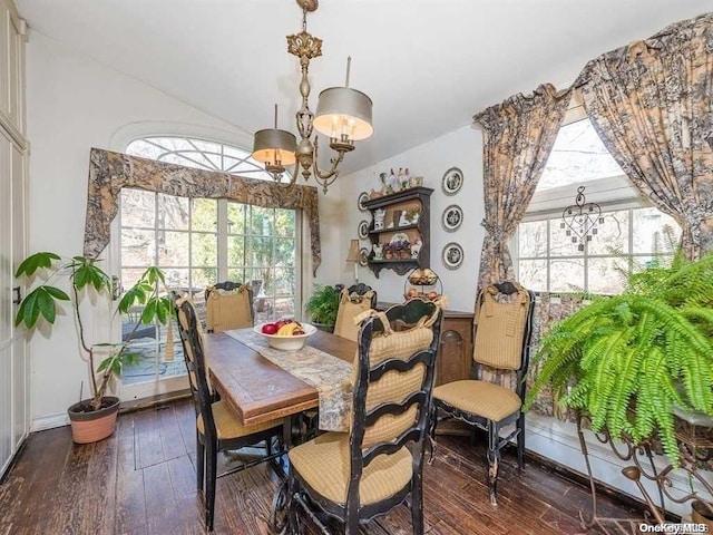 dining area with a wealth of natural light, a chandelier, and dark hardwood / wood-style floors