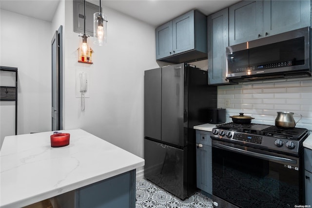 kitchen featuring light stone countertops, tasteful backsplash, hanging light fixtures, and black appliances