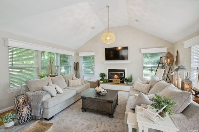 living room featuring lofted ceiling and light wood-type flooring