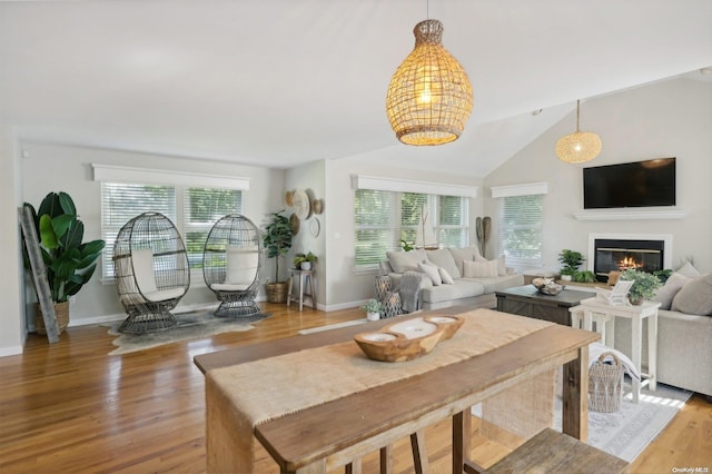 living room with hardwood / wood-style flooring, vaulted ceiling, and plenty of natural light