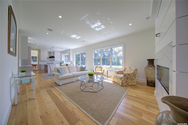 living room featuring a high end fireplace and light wood-type flooring