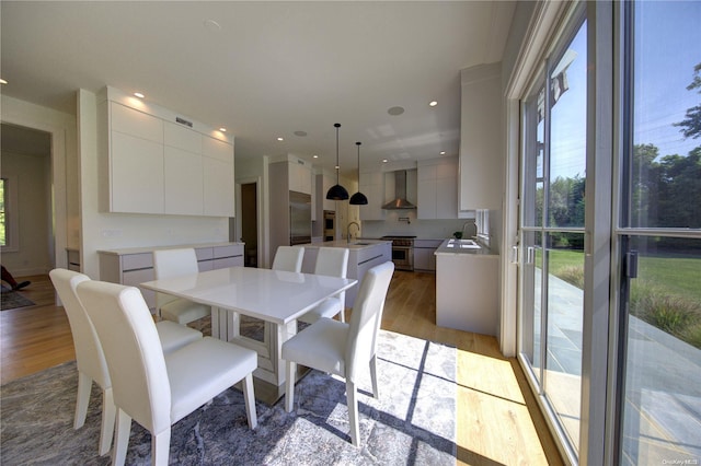 dining room with sink and light hardwood / wood-style floors