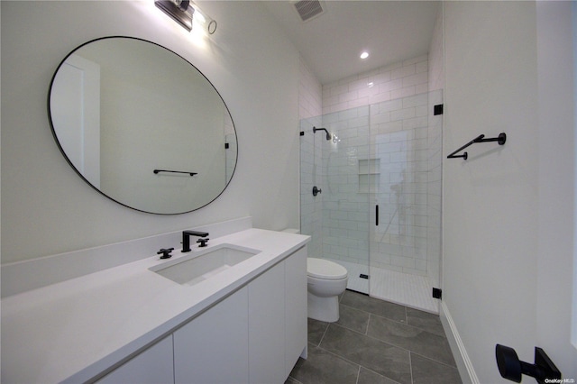 151 Newtown Ln, East Hampton, NY 11937 - bathroom with vanity, toilet, a stall shower, recessed lighting, and tile patterned floors