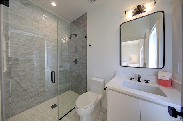 151 Newtown Ln, East Hampton, NY 11937 - full bath featuring toilet, a stall shower, vanity, marble look tiles, and recessed lighting