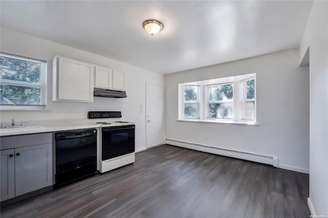 kitchen with dishwasher, dark wood-type flooring, electric range, a baseboard radiator, and white cabinetry