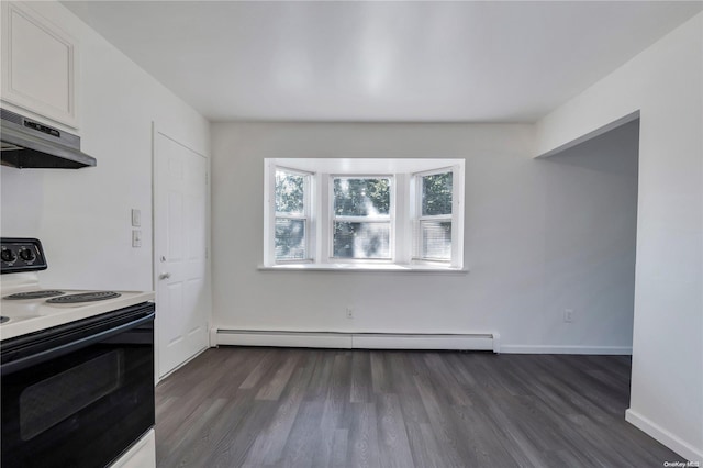 kitchen featuring white cabinets, white electric range, dark hardwood / wood-style floors, and a baseboard heating unit