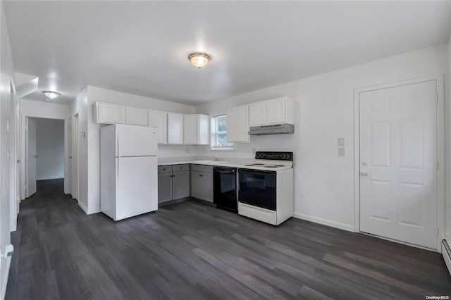 kitchen featuring white cabinetry, a baseboard radiator, dark hardwood / wood-style floors, and white appliances