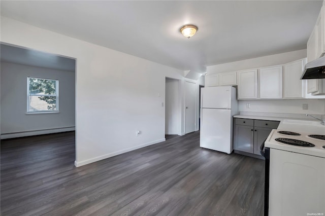 kitchen with white cabinets, dark wood-type flooring, white appliances, and a baseboard heating unit