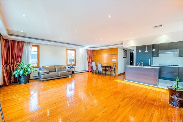 unfurnished living room with baseboard heating and light wood-type flooring