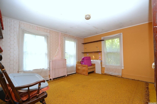 sitting room with plenty of natural light, radiator heating unit, and crown molding