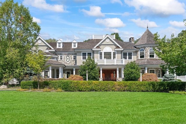 view of front of home with a balcony and a front lawn