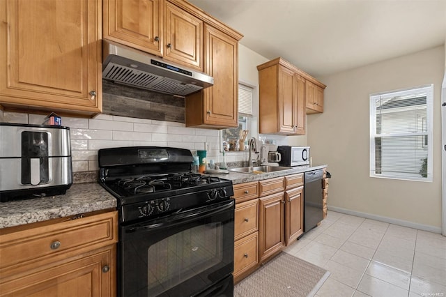 kitchen with black appliances, sink, light tile patterned floors, range hood, and tasteful backsplash