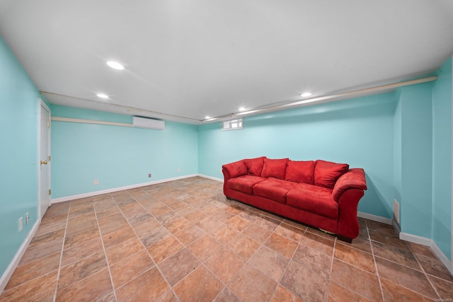 living room with recessed lighting, baseboards, and a wall mounted AC