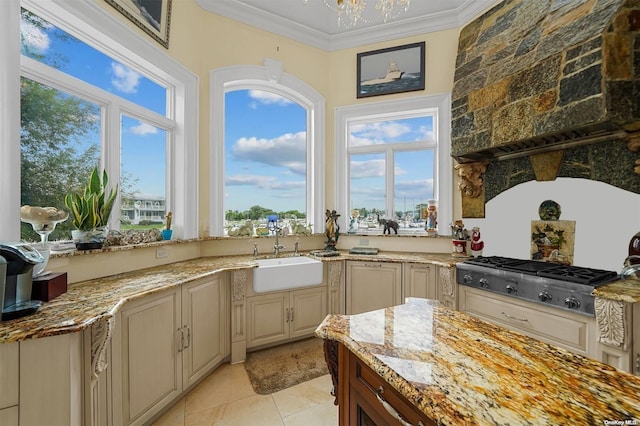 kitchen featuring cream cabinetry, light stone countertops, sink, and a wealth of natural light