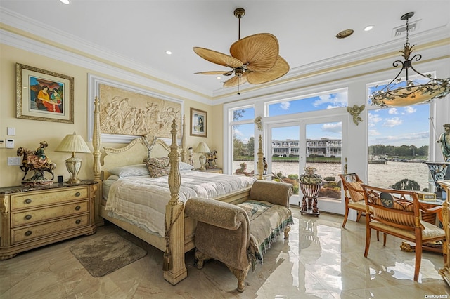 bedroom featuring a water view, ceiling fan, and ornamental molding