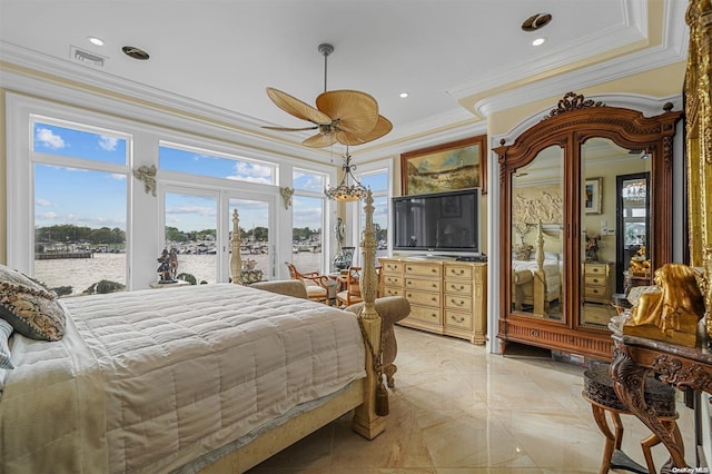 bedroom with french doors, access to outside, ceiling fan, and crown molding