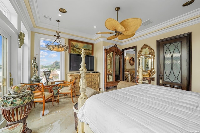 bedroom featuring ceiling fan and ornamental molding