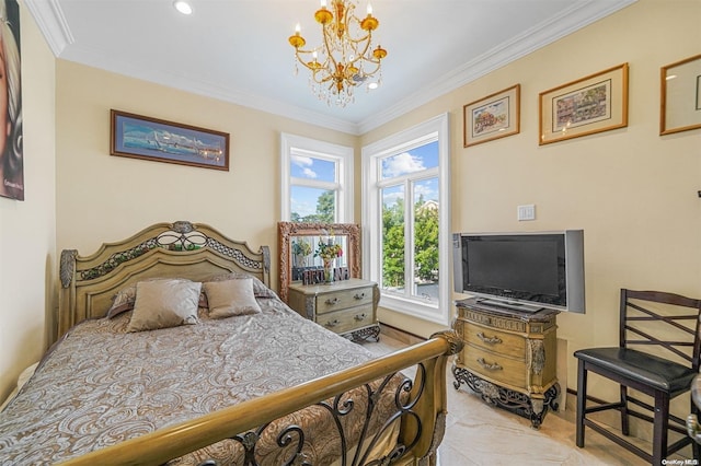 bedroom featuring an inviting chandelier and crown molding