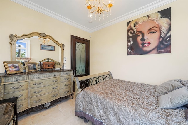 bedroom with a chandelier and ornamental molding