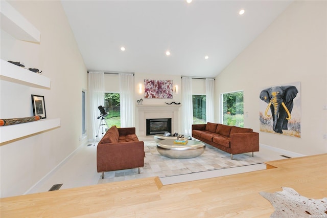 living room featuring plenty of natural light, wood-type flooring, and high vaulted ceiling