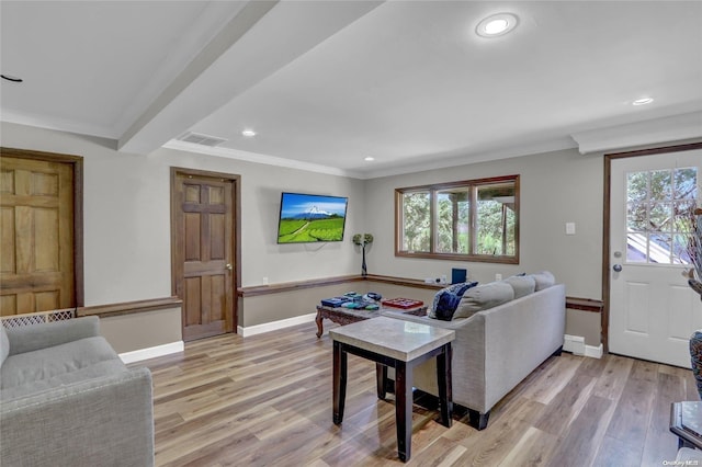 living room with light hardwood / wood-style floors and ornamental molding