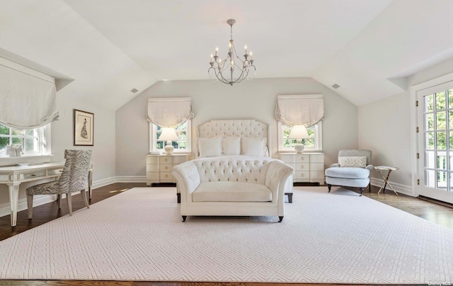 bedroom with a chandelier, wood-type flooring, access to outside, and lofted ceiling