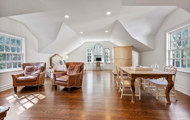 living area with dark hardwood / wood-style floors, plenty of natural light, and lofted ceiling