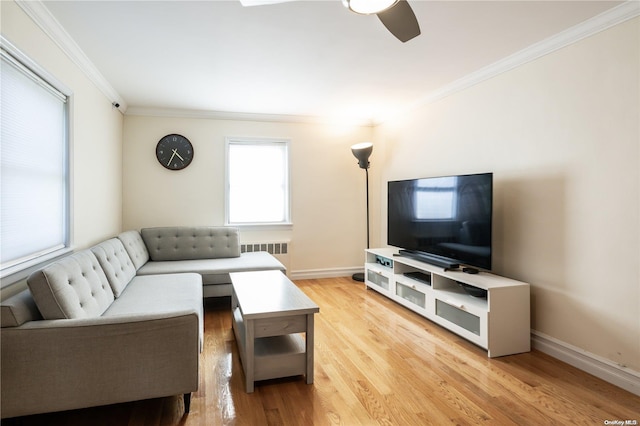 living room with ceiling fan, ornamental molding, radiator heating unit, and light hardwood / wood-style flooring