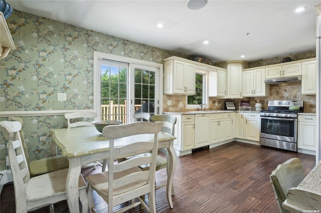 kitchen featuring french doors, light stone counters, stainless steel range, dark wood-type flooring, and sink