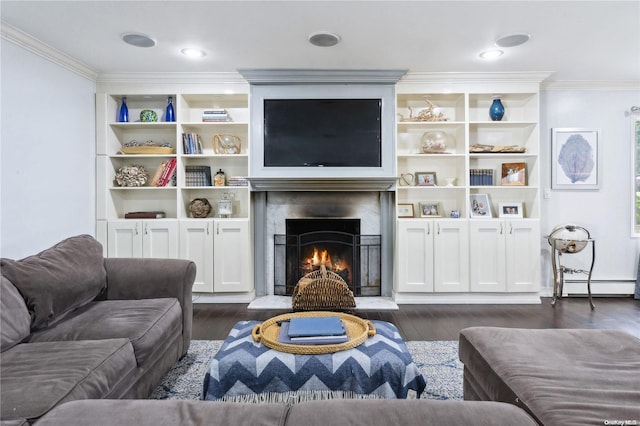 living room featuring a baseboard radiator, dark hardwood / wood-style floors, and ornamental molding