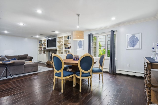 dining space featuring crown molding, dark wood-type flooring, and a baseboard radiator