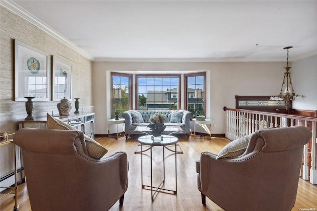 living room featuring light hardwood / wood-style floors, crown molding, and a baseboard radiator