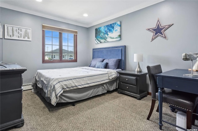 carpeted bedroom featuring crown molding and a baseboard heating unit